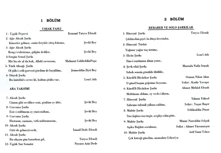 Uşşâk Fasıl Beraber ve Solo Eserler